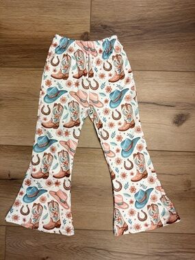 Cowgirl Print Flared Leggings - White, Teal & Coral